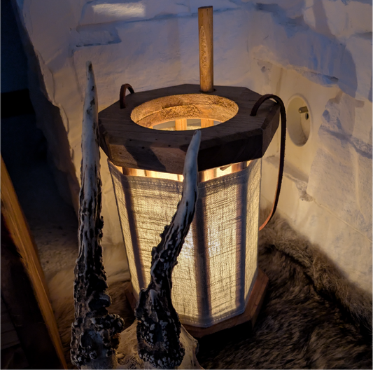 Lampion artisanal en pin et toile de lin – Bougie